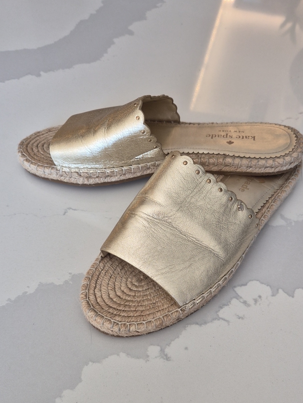 kate spade Metallic Gold Scalloped Leather Espadrille Slides
